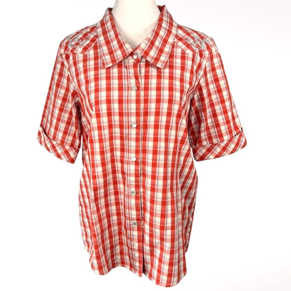 Western Snap Shirt Plaid Short Sleeve Orange White Check Small